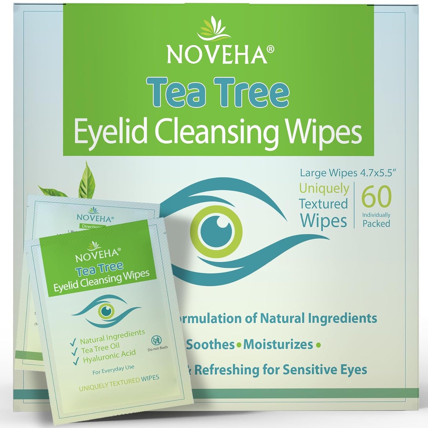 NOVEHA 60PCs Tea Tree Oil Eyelid & Lash Wipes | With Hyaluronic Acid, Green Tea & Chamomile For Blepharitis, Itchy & Stye Eyes, Individually Wrapped, Natural Eyelash Makeup Remover & Daily Cleanser