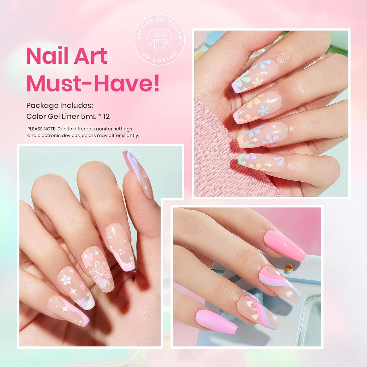 Beetles Pastel Gel Liner Nail Polish Set, 12 Colors Spring Sheer Pink Nude Blue Purple White Yellow Orange French Line Swirl Nail Art Gel Polish Soak Off Uv Lamp Manicure Gifts for Women