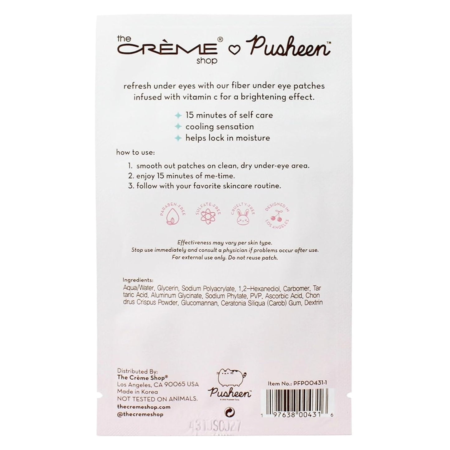 The Crème Shop X PUSHEEN KLEAN BEAUTY™ Fiber Under Eye Patches | Vitamin C Infused for Brightening | Cooling & Moisturizing | Set of 3 Pairs | Vegan & Cruelty-Free (Set of 3)