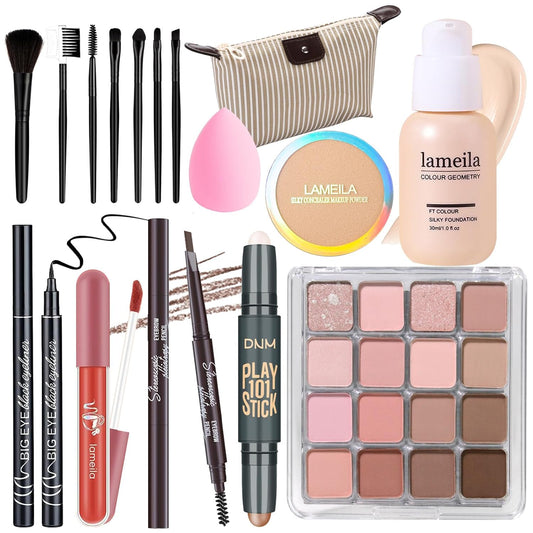 Makeup Set Full Kit for Girls Teens Women, Makeup Present Set, Includes Eyeshadow, Foundation, Blusher, Eyebrow Pencil, Mascara, Eyeliner, Brushes, Lip Gloss, Sponge, Cosmetic Bag
