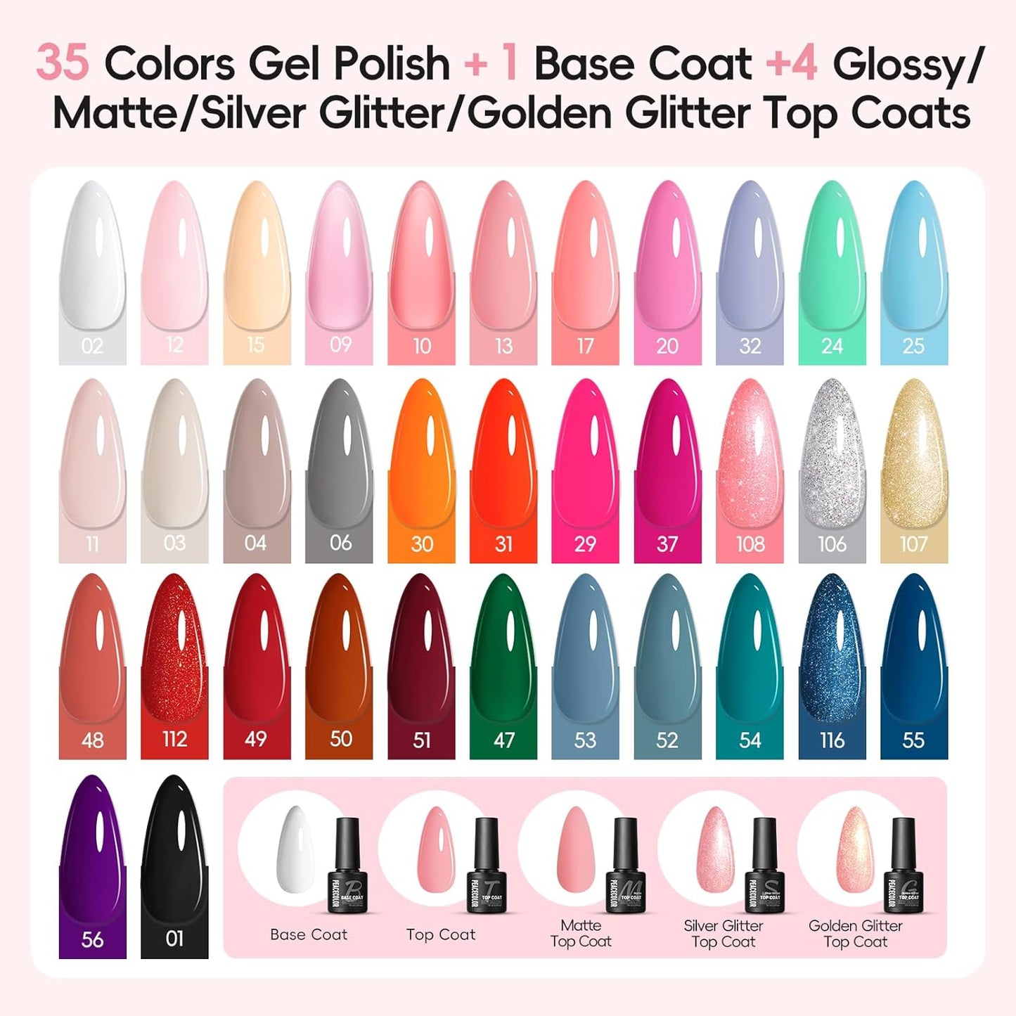 PEACECOLOR 53PC Gel Nail Polish Kit with U V Light and Drill, 35 Colors All Season Gel Polish Set Starter Kits with 5pc Matte Glossy Glitter Base Top Coat Complete Manicure Tools Home Salon Women