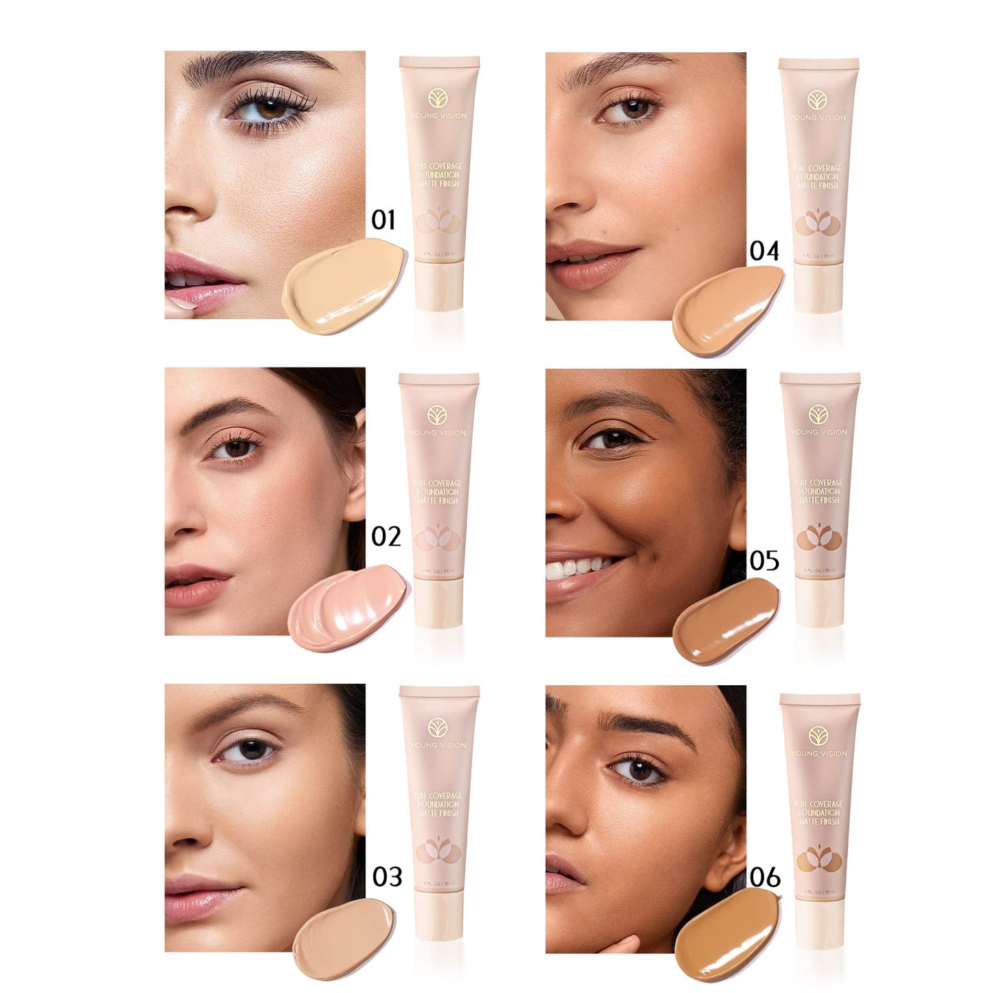 YOUNG VISION Full Coverage Longwear Foundation, Matte Finish, Waterproof, Poreless Liquid Foundation Makeup, 1 Fl Oz (Pack of 2)