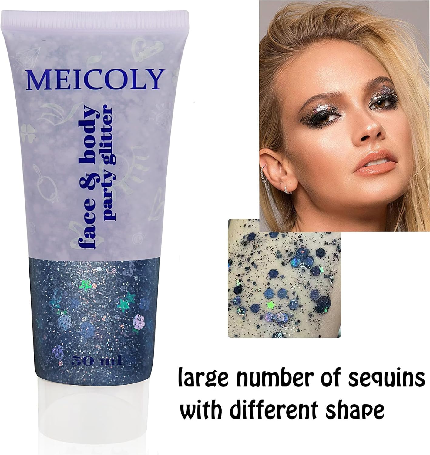 MEICOLY Black Glitter, Professional Body Paint, Mermaid Sequins Eye Glitter for Halloween Cosplay SFX Makeup, Chunky Face Gel for Women and Kids, 50ml