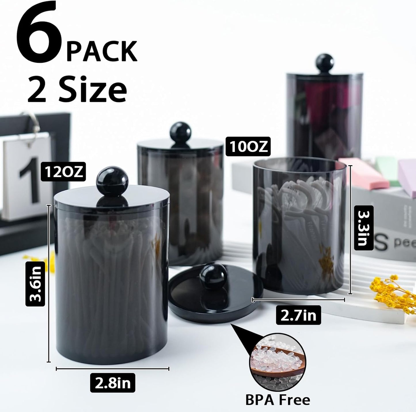 6 Pack Qtip Holder,Canister Apothecary Jar Set, Bathroom Jars with Lids Set for Cotton Swabs, Balls, Pads, Floss Picks,10oz-12oz Plastic Canisters Restroom Bedroom Vanity Organizer(Black)