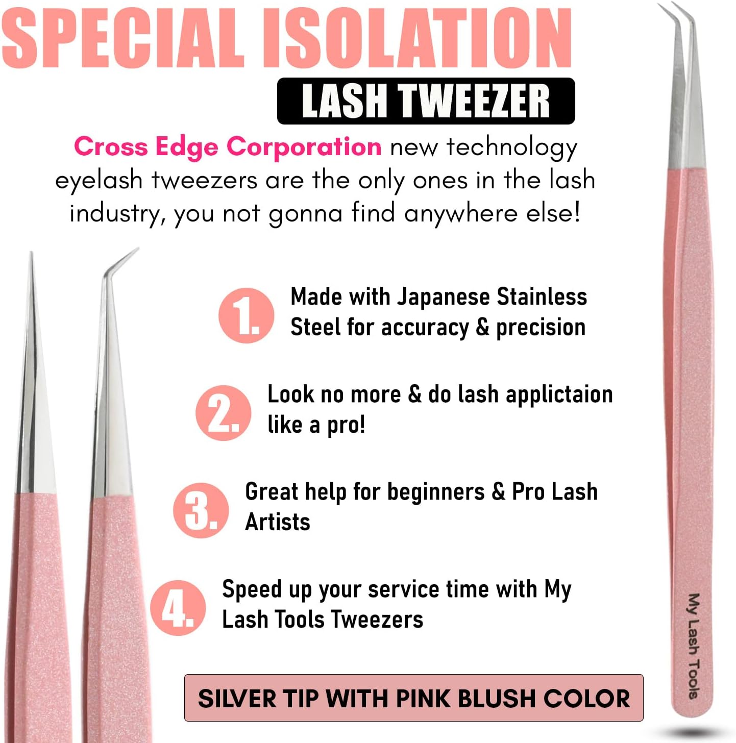 2pcs Straight & Curved Isolation Tweezers for Eyelash Extensions – 14cm Japanese Stainless Steel, Blush Pink, Best for Individual & Classic Lashes