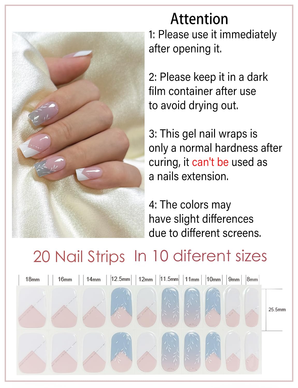 Semi Cured Gel Nail Strips, 20PCS B French Gradient UV Gel Nail Wraps, Gel Nail Stickers, UV Light Required