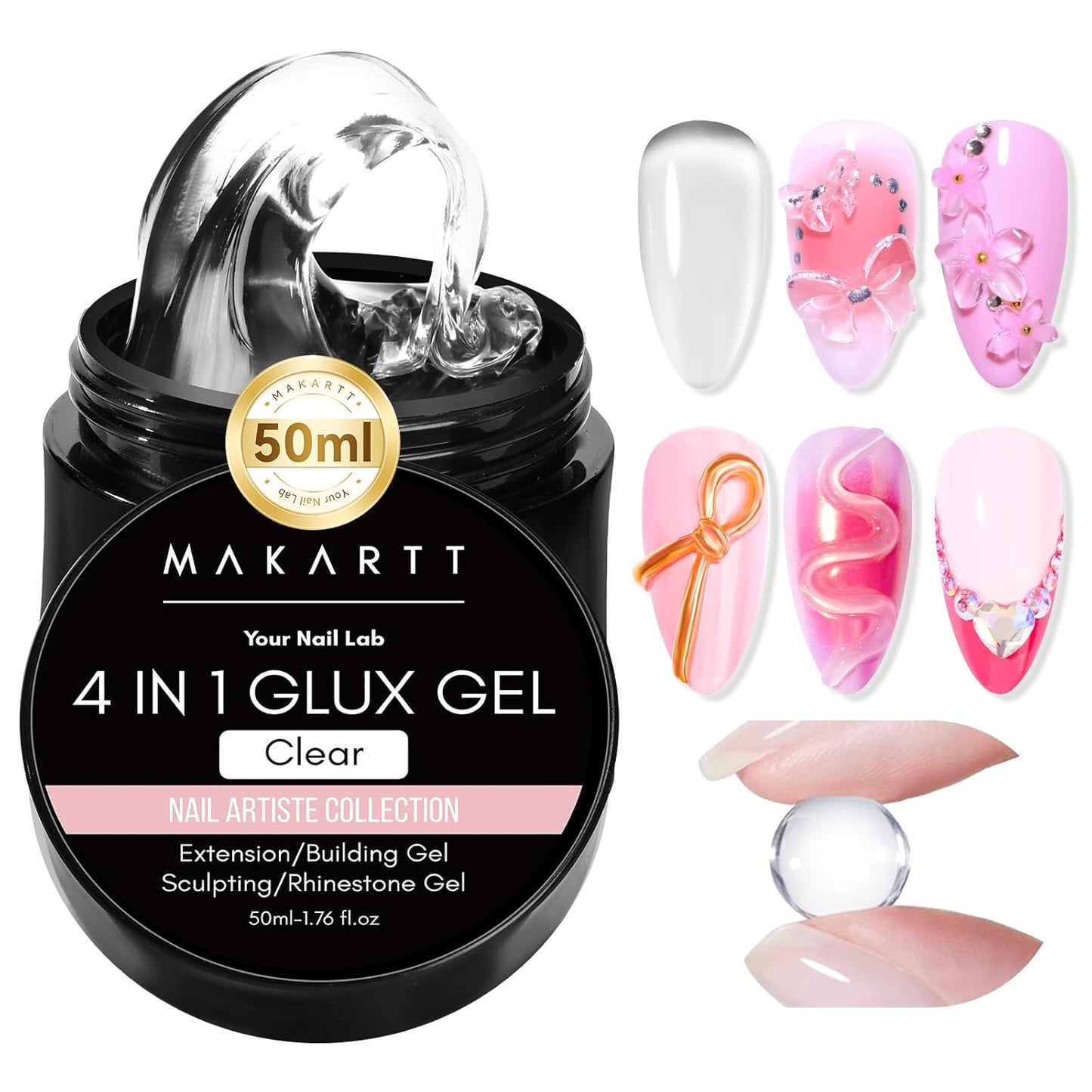 Makartt 3D Gel Nail Art: 50g 3D Nail Gel Clear Non-sticky 3d Sculpting Gels, 4-in-1 Solid Gels Builder for Extension, UV Glue for Acrylic Tips, Rhinestones & 3d Carving for Home Salon DIY