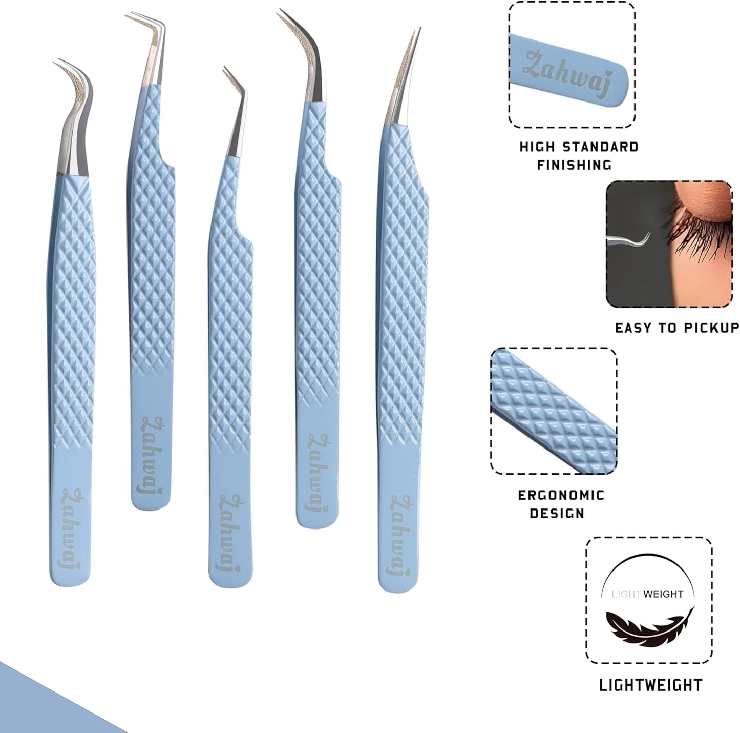 Lash Tweezers - Set of 5 Diamond Grip Eyelash Tweezers - Stainless Steel Professional Fiber Tip Lash Tweezer for Eyelash Extensions (Blue)