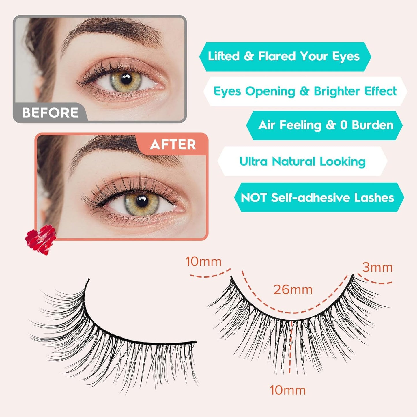 Natural Lashes Eyelashes Wispy Cat Eye Lashes with Thin Band 10mm Short Eyelashes 3D Volume Siligli C Curl Natural Eyelash 7 Pair