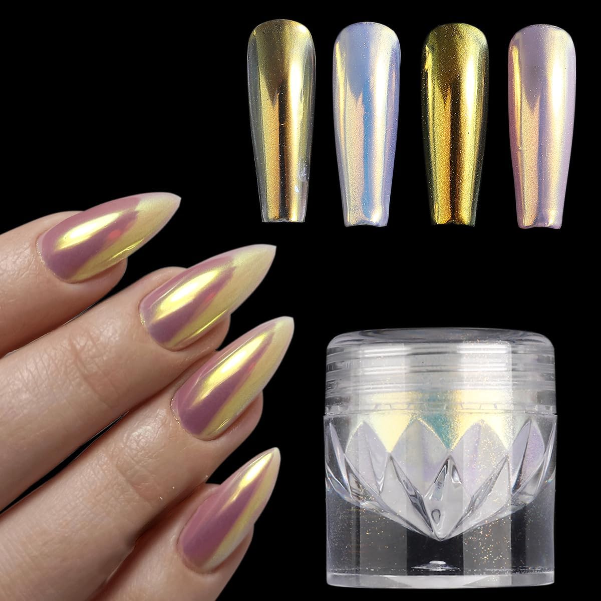 Unicorn Chrome Nail Powder, 1 Box Gold Aurora Powder, Iridescent Chrome Powder Metallic Mirror Effect Pigment, Fairy Powder Mermaid Glitter Dust Shell Pearl Nail Cromer Powder Manicure Dust