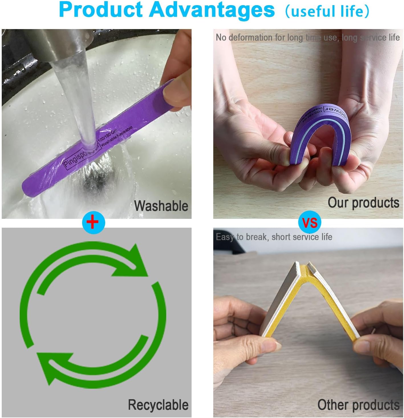 Nail File, 10PCS Professional Metal Nail Files and Buffers Block (100/180 Grit) for Natural Nails, Double Sided Washable & Reusable Manicure Care Kit for Women Home & Salon Travel