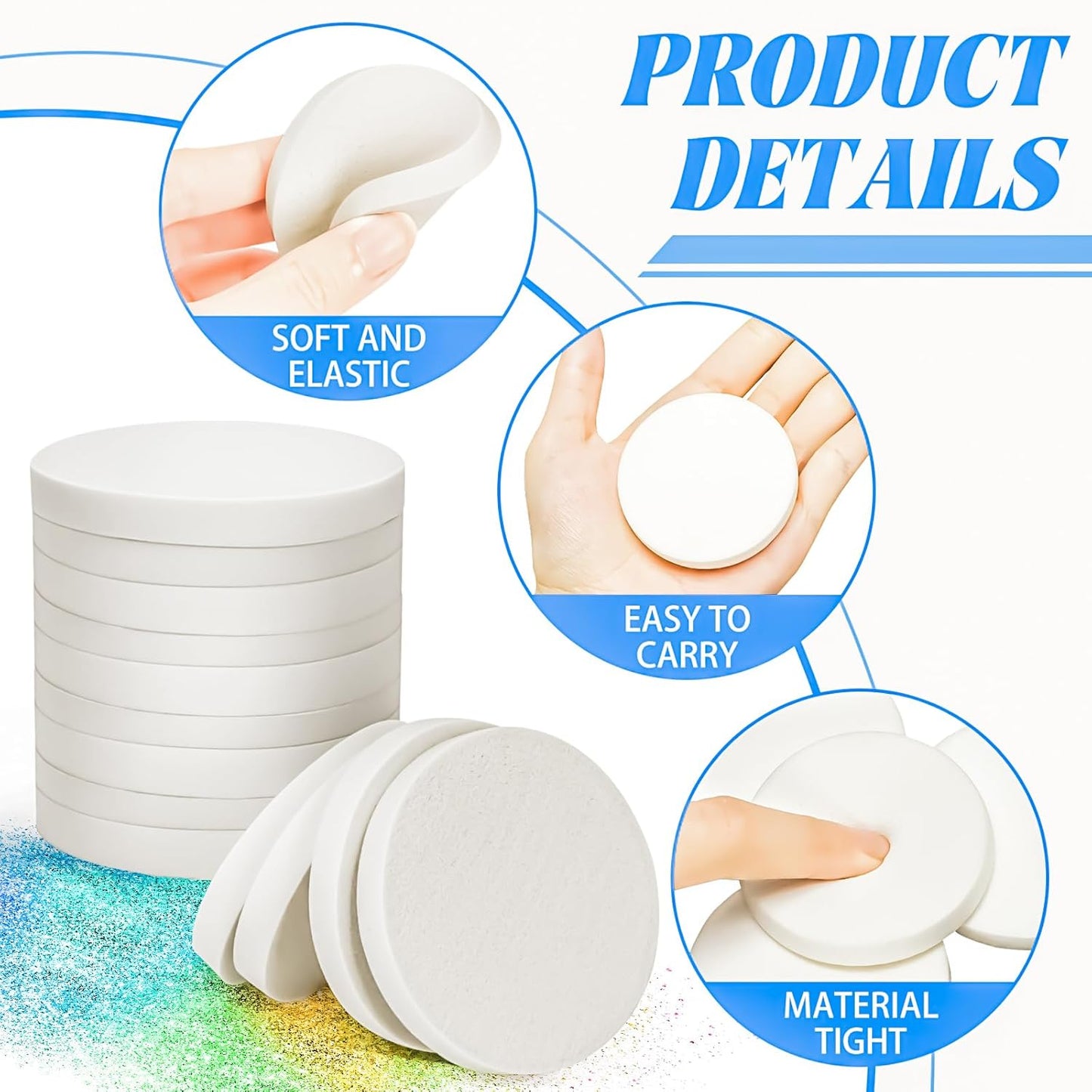 MotBach 60 PCS White Round Makeup Sponge, Cosmetic Sponge Round Foam Pad Eye Facial Powder Puff, Beauty Makeup Foundation Powder Blender for Women Lady All Skin Types Wet and Dry Dual Use