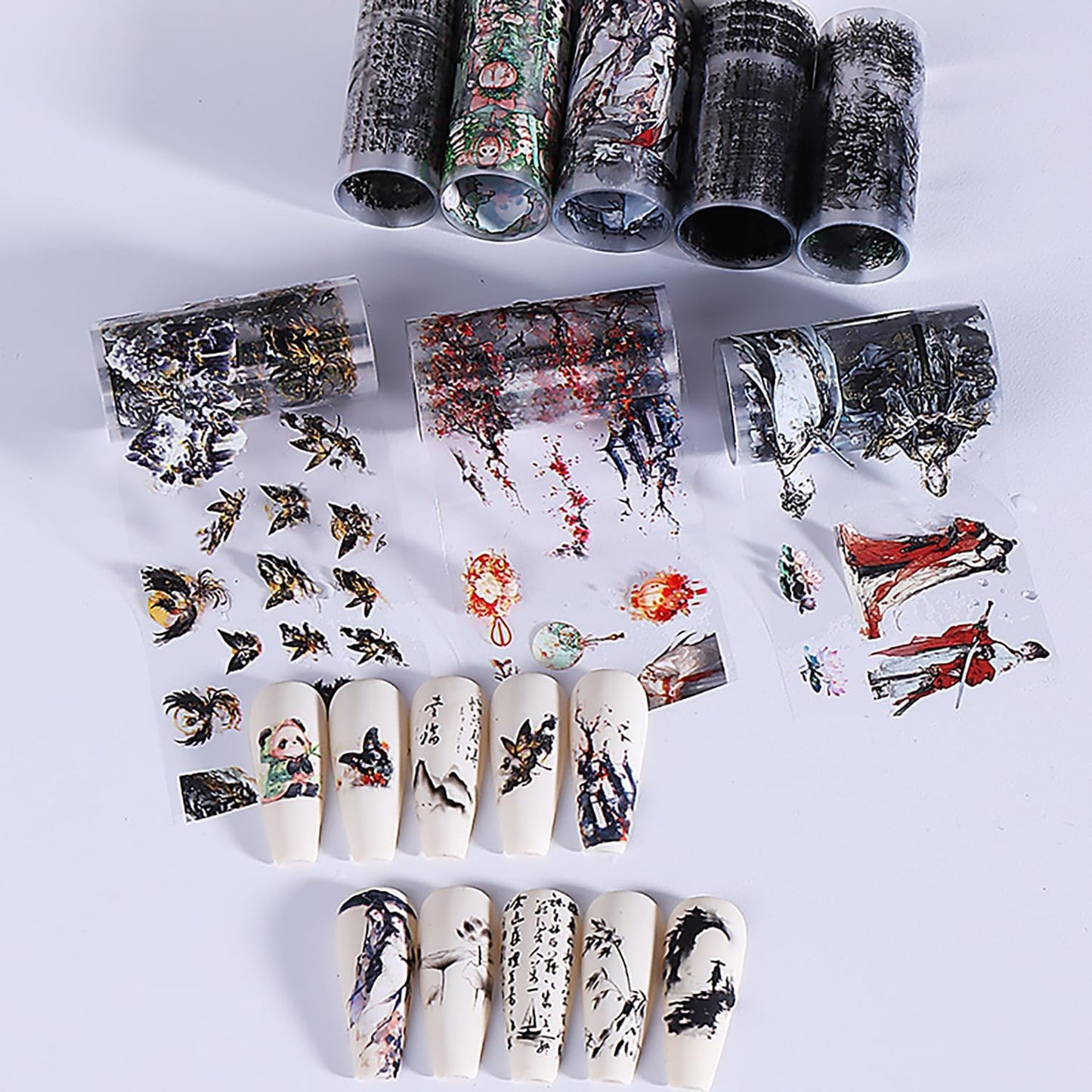 10 Rolls Nail Foils Transfer Nail Art, Chinese Style Nail Foil Transfer Stickers Self Adhesive Nail Art Supplies Decals Cute Panda Manicure Accessories Fall Winter Nail Decorations for Women