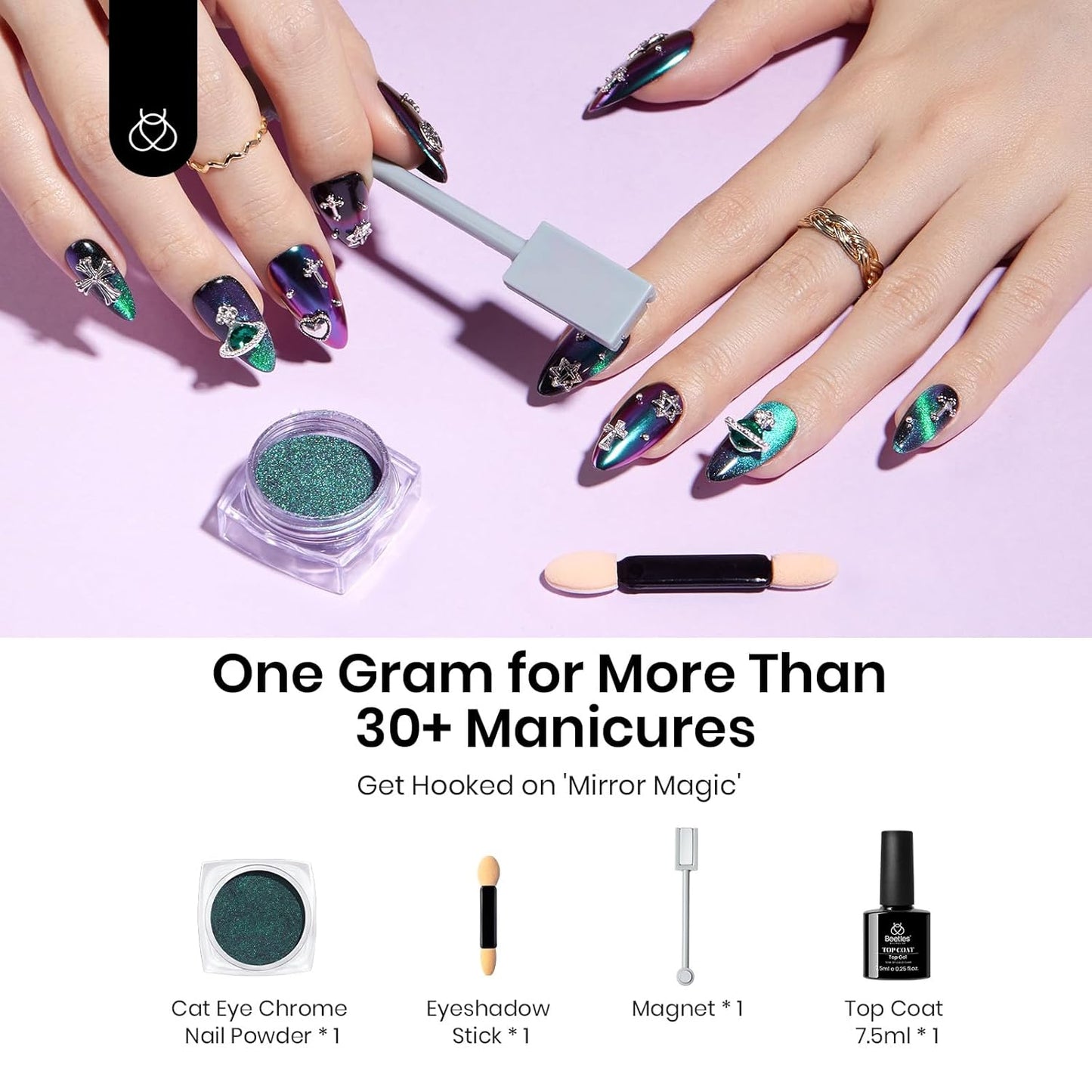 Beetles Cat Eye Chrome Nail Powder Set, 2 in 1 Holographic Metallic Mirror Effect Chameleon Galaxy Powder with No Wipe UV Gel Top Coat Magnet for Velvet Metallic Nail Art