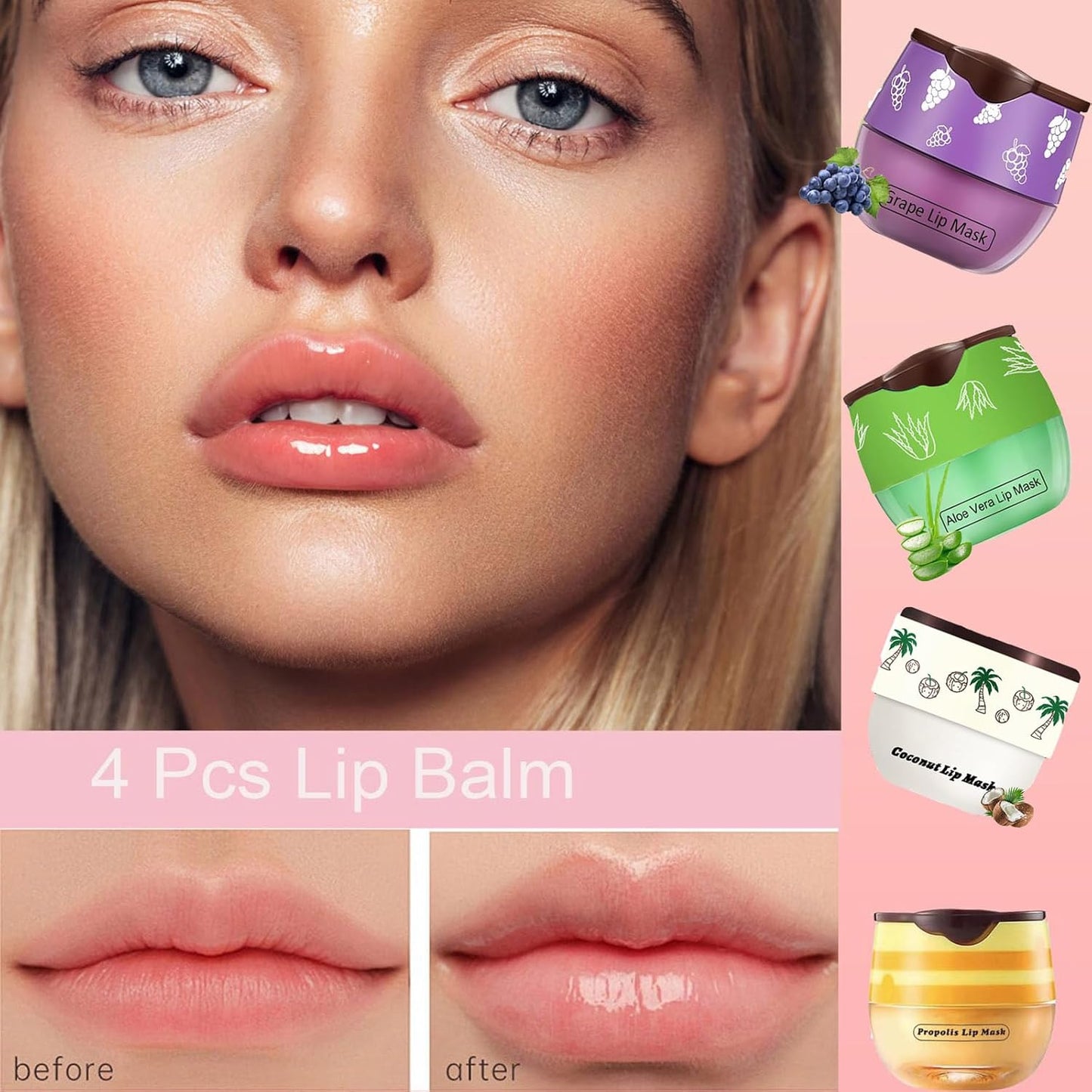 4 PCS Bee Lip Balm Honey Pot, Honey Coconut Aloe Vera Grape Sleeping Lip Mask Overnight with Sticks, Exfoliating Prevention Dry and Crack Lip Scrubs