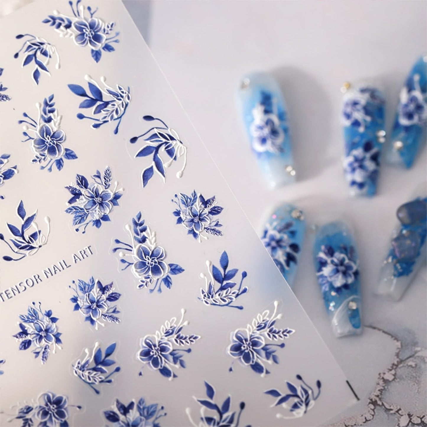 Flower Nail Art Stickers Decals 5D Embossed Self Adhesive Spring Summer Nail Stickers for Nail Art Floral Nail Decals Blue Pink Flower Nail Design Decoration Accessories for Women and Girls
