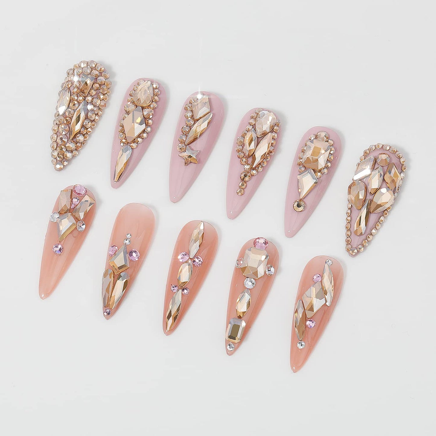 HNUIX Nail Rhinestones - 3D Multi Shape Size Crystal, Champagne Gold Nail Gems, Flat Back, with Kit, for Nail Art, DIY Decorations