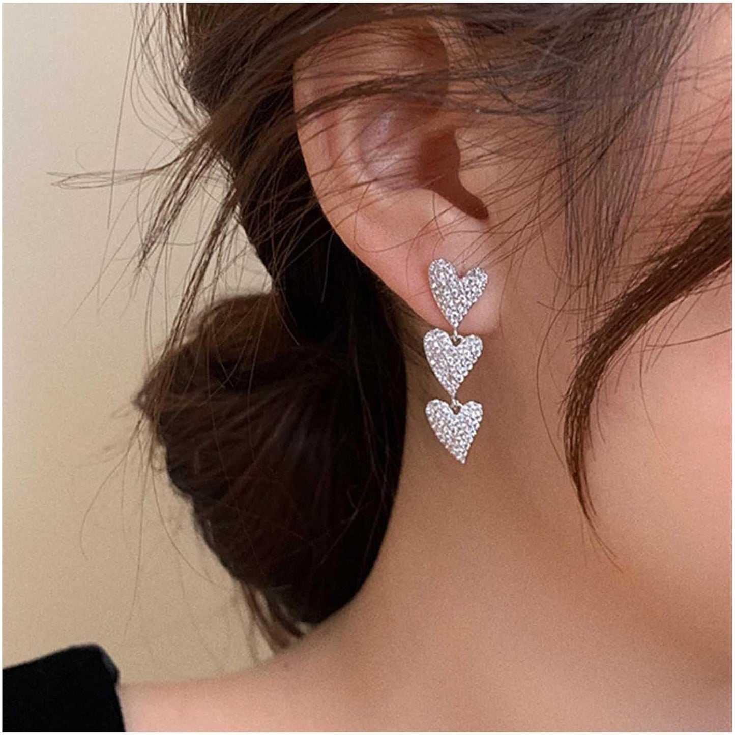 Vintage Heart Drop Earrings Long Heart Dangle Earrings Triple Heart Stud Earrings Silver Love Heart Earrings Jewelry for Women