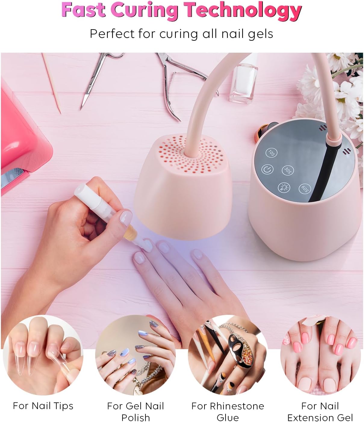 UV Nail Lamp, 2 in 1 UV Light for Gel Nails Curing Polish and Desk Lamp,27W Rechargeable LED Nail Light Nail Dryer with 3 Timers & Auto Sensor, Fast Flash Goosenecks Lamp for Home DIY Manicure-Pink