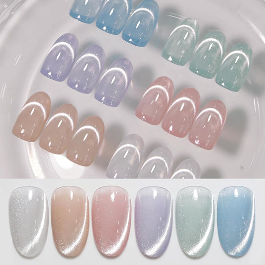 Born Pretty Cat Magnetic Eye Gel Nail Polish, Pastel Milky Jelly Cat Magnetic Gel Pastel Blue Green Purple Pink Nude Silver Nail Art Gel Manicure Salon DIY Gifts 7ML 6PCS