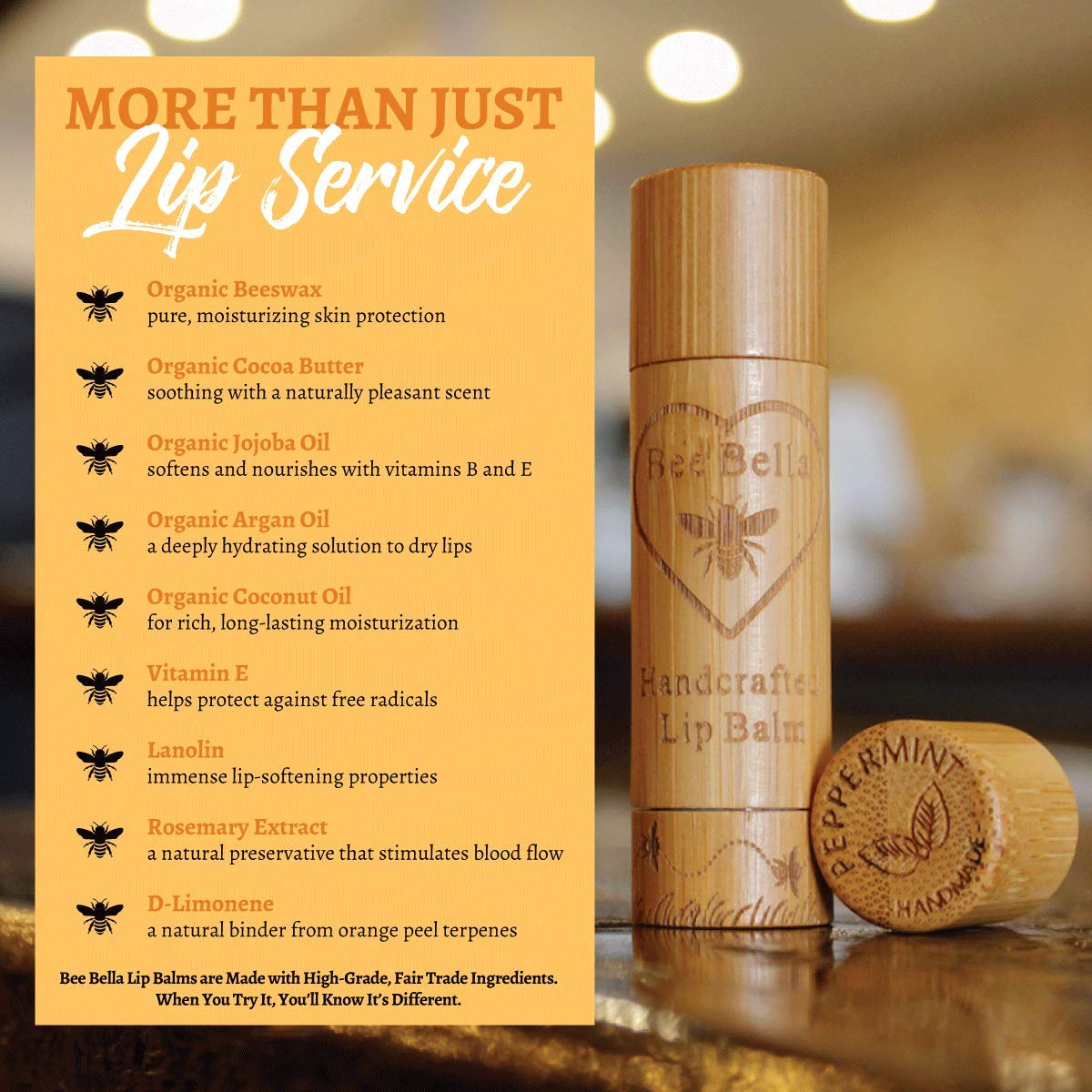 Bee Bella Lip Balm, Peppermint, 3 Pack - Hydrating Lip Care, 100% Natural, Original Organic Beeswax with Vitamin E, Handmade in USA