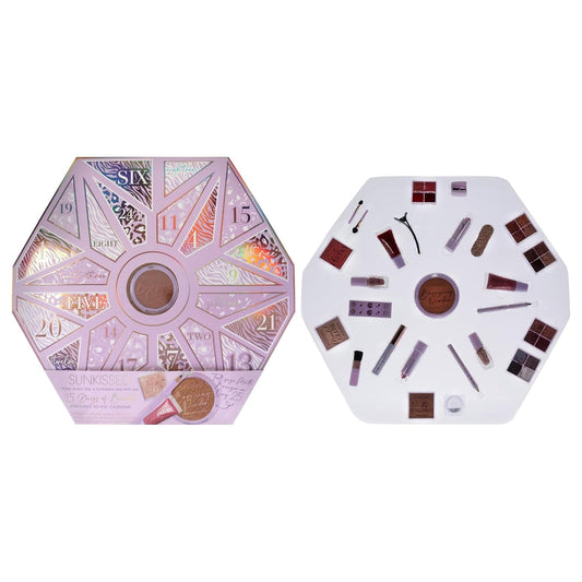 Sunkissed Christmas 25 Days of Beauty - Face, Lips and Eye Makeup - 2 Nail Polishes and 3 Cosmetic Brush Applicators - Vegan Formula - 25 Makeup Products and Accessories - 1 pc Gift Set