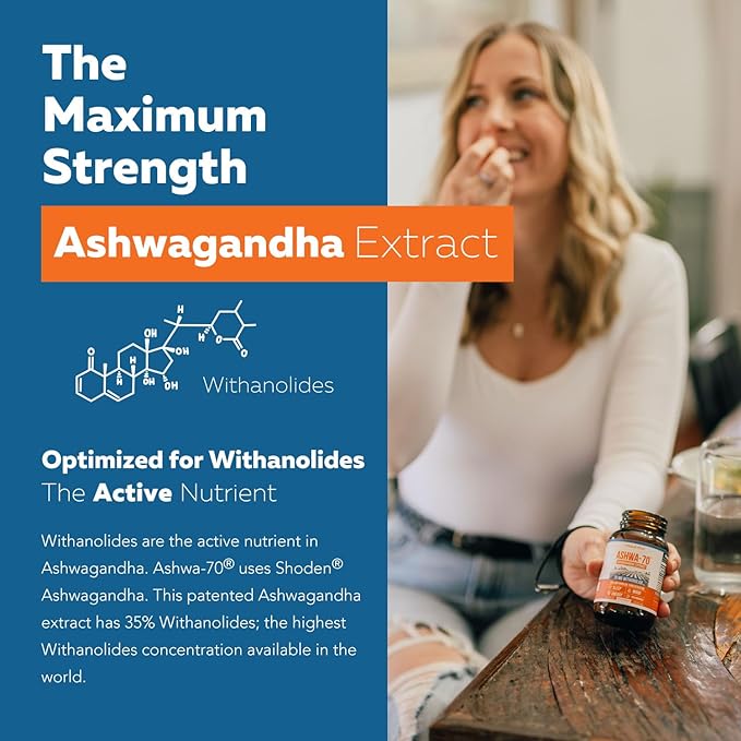 Ashwa-70®: Ashwagandha Extract - 35% Withanolides | Max Strength, Highest Withanolide Concentration - Mood & Performance - Enhanced Absorption with BioPerine® Black Pepper (60 Capsules)