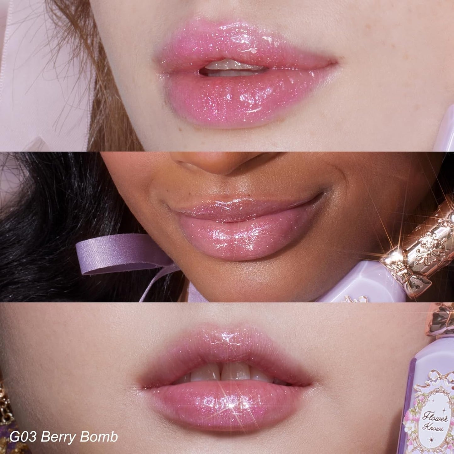 Flower Knows Violet Strawberry Rococo Glowy Lip Gloss 3-Piece Set,G01+G02+G03 with Canvas Tote Bag & Hair Clip,Moisturizing Lip Oil,Hydrating Lip Plumper Makeup for Girls & Women