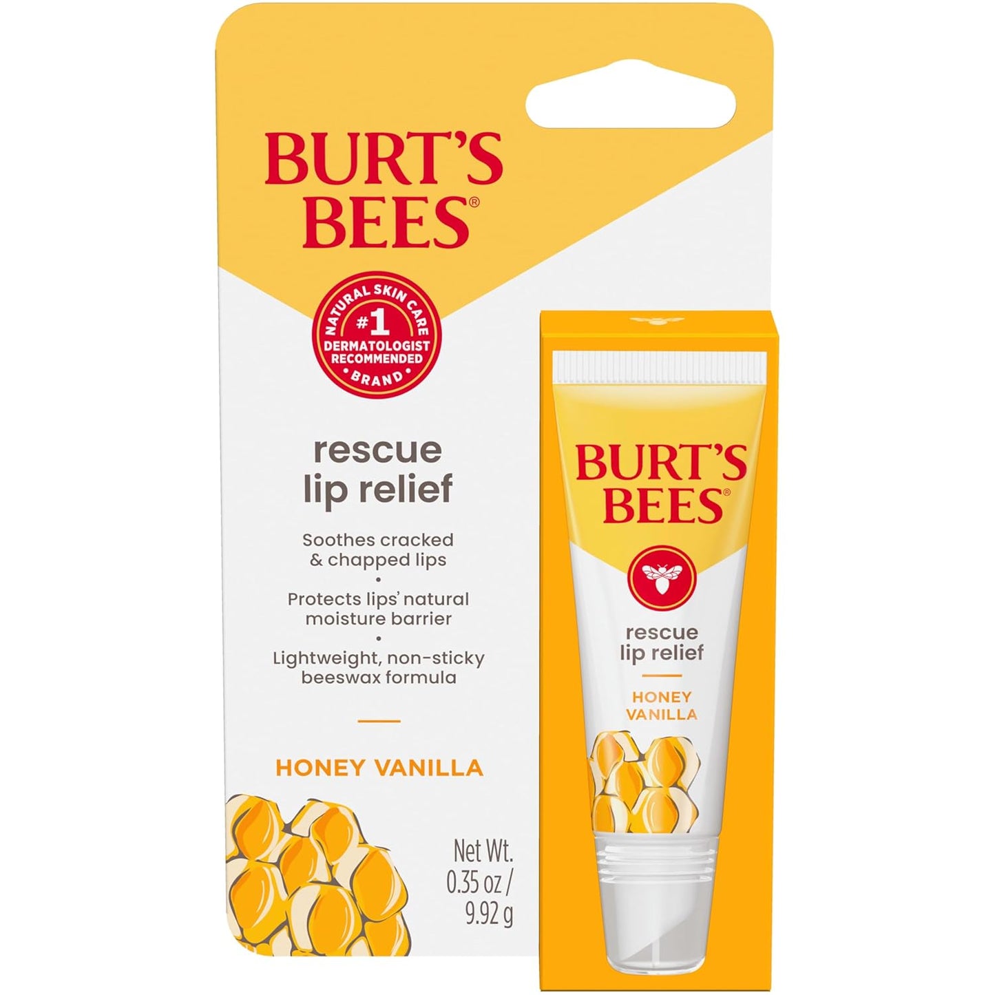 Burt's Bees Rescue Lip Relief, Honey Vanilla, Hydrating Lip Balm for Dry Cracked Lips, with Responsbily Sourced Beeswax and Shea Butter, 100% Natural Origin, 1 Squeezy Tube, 0.35oz