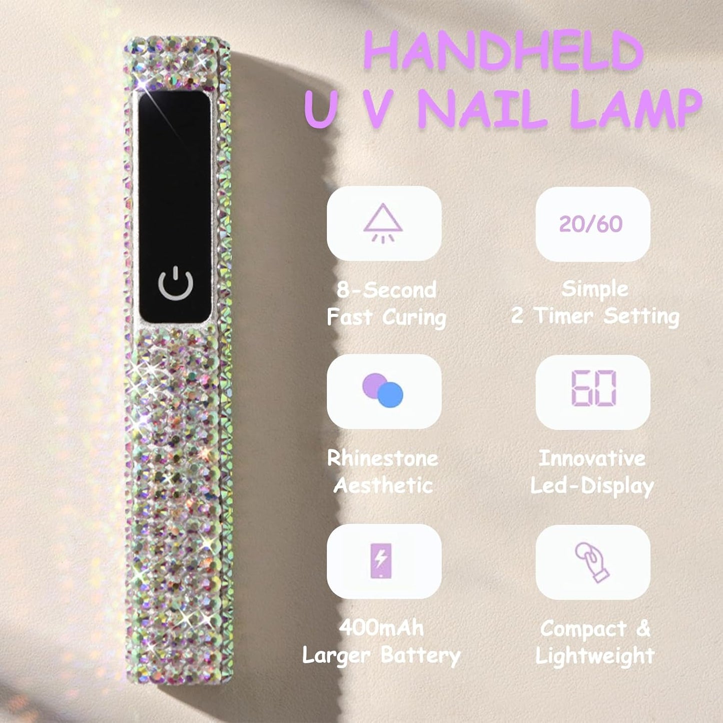 Crystal Rhinestone UV Nail Lamp, Artificial Bling Handheld UV Light for Nails, Portable Mini Nail Light with 2 Timer and LED Display, Rechargeable USB Nail Dryer for Fast Curing Gel Polish