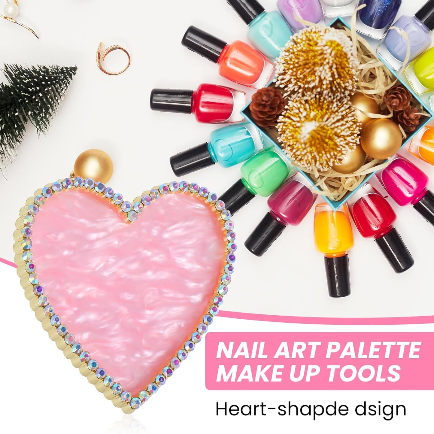 Sibba Resin Nail Art Palette, Golden Edge Nail Mixing Palette with Diamond, Polish Color Mixing Plate, Nail Holder Display Board, Heart Shape Cosmetic Mixing Tools for Women and Girls(Pink)