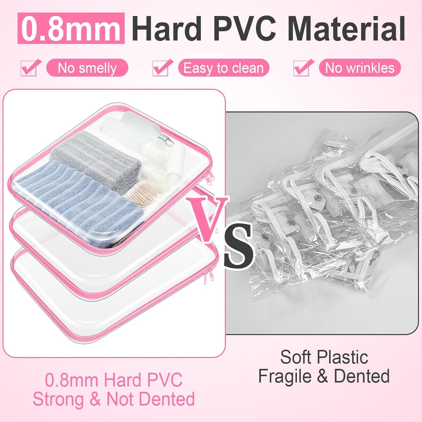 Hoolerry 3 Pcs Clear Hard Zipper Case Plastic Pouch Transparent Hard Case Clear Makeup Bag Portable Travel Organizer Bin for Cosmetics, Building Blocks, Puzzles(Pink,L)