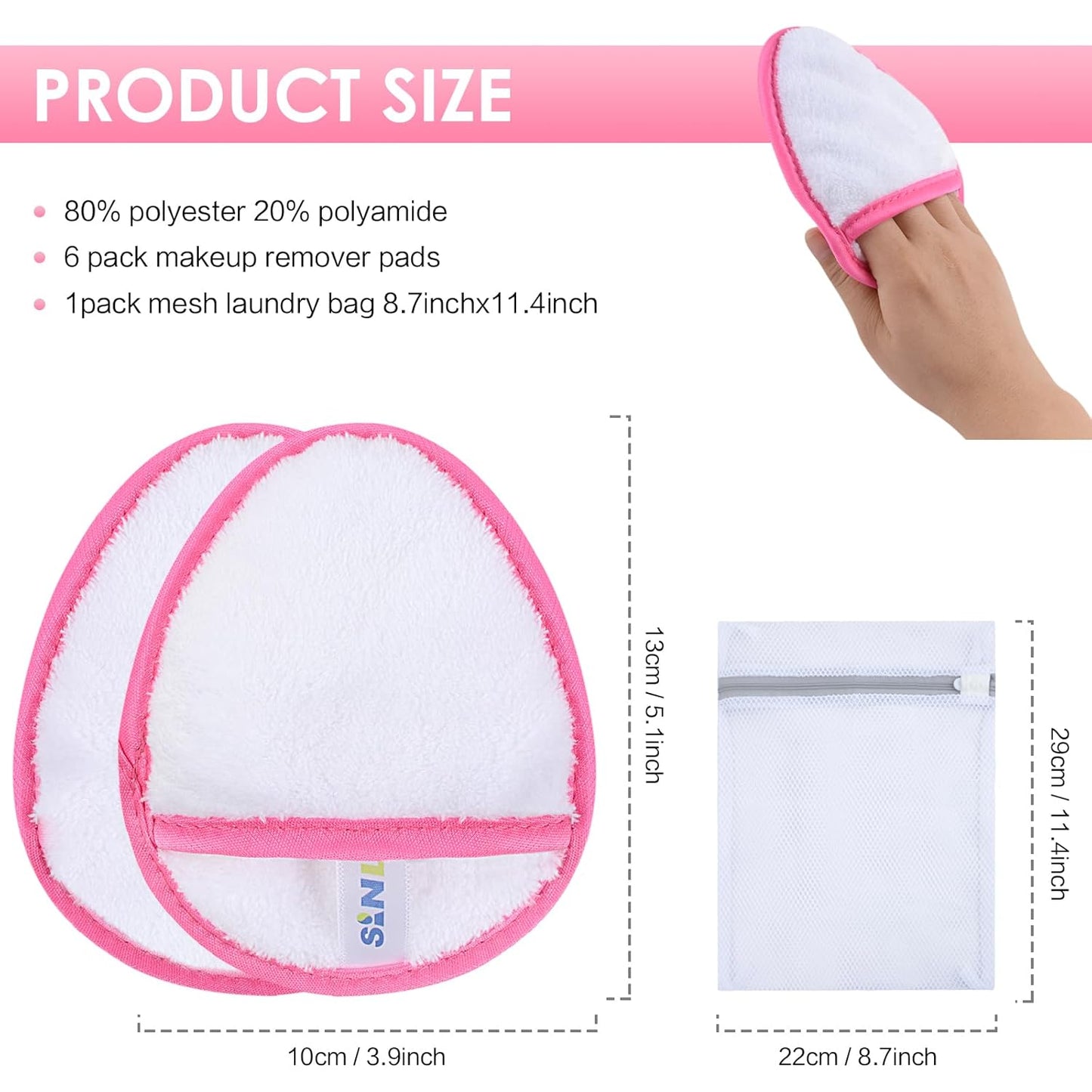 SINLAND Reusable Makeup Remover Pads For Face,Eye,Lips Microfiber Gentle Facial Cleansing Cloths for All Skin Types Friendly for Makeup Remover With Laundry Bag 5.1inchx3.93inch White Pack of 6