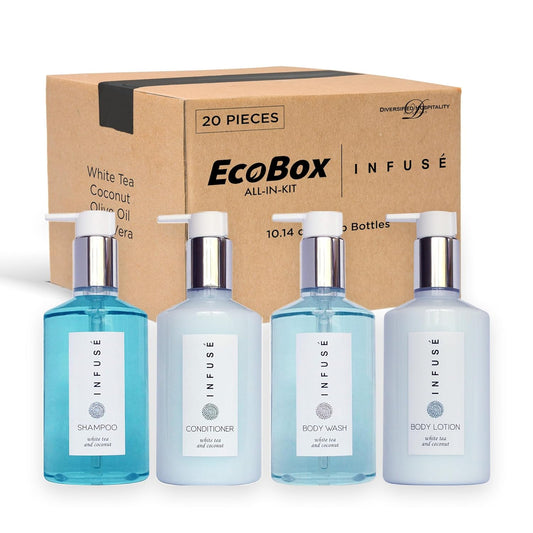 A 20 Piece Ecobox All-In-Kit of our Infuse | White Tea and Coconut Soap | 6 Shampoo, 4 Conditioner, 6 Body Wash & 4 Lotion | 10.14 oz Hotel Soaps and Toiletries Bulk | Personal Care Products