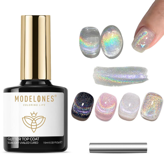 modelones Rainbow Cat Eye Gel Nail Polish Top Coat, 2-in-one 9D Glitter Clear Gel Polish with Magnet Stick Holographic Glossy Finish Long Lasting Soak Off Manicure Home Salon Nail Art 10 ML