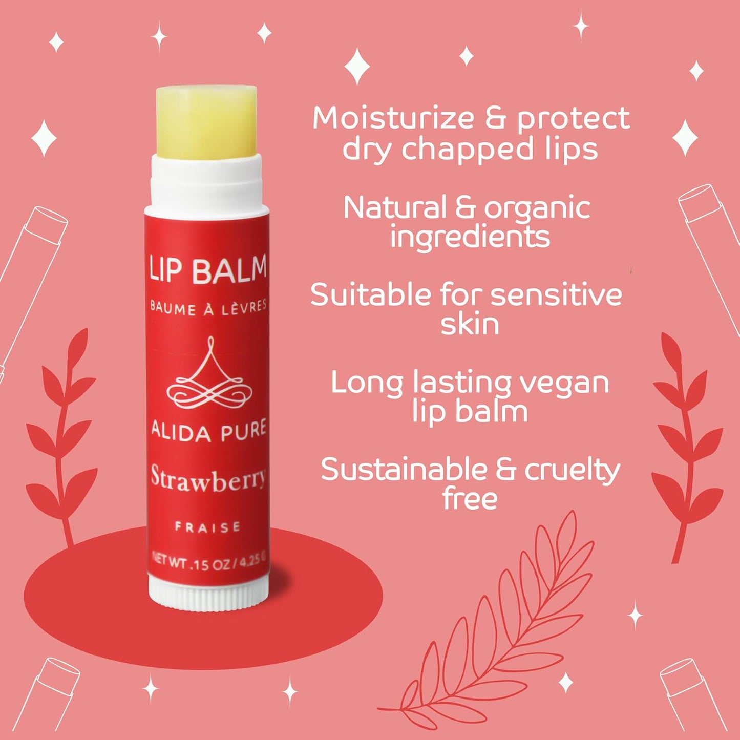 Strawberry Lip Balm Collection, Vegan Set, Beeswax Free, with Organic Jojoba and Avocado Oil, Vitamin E, Natural Moisturizer for Dry, Chapped Lips, 3 Tube Set