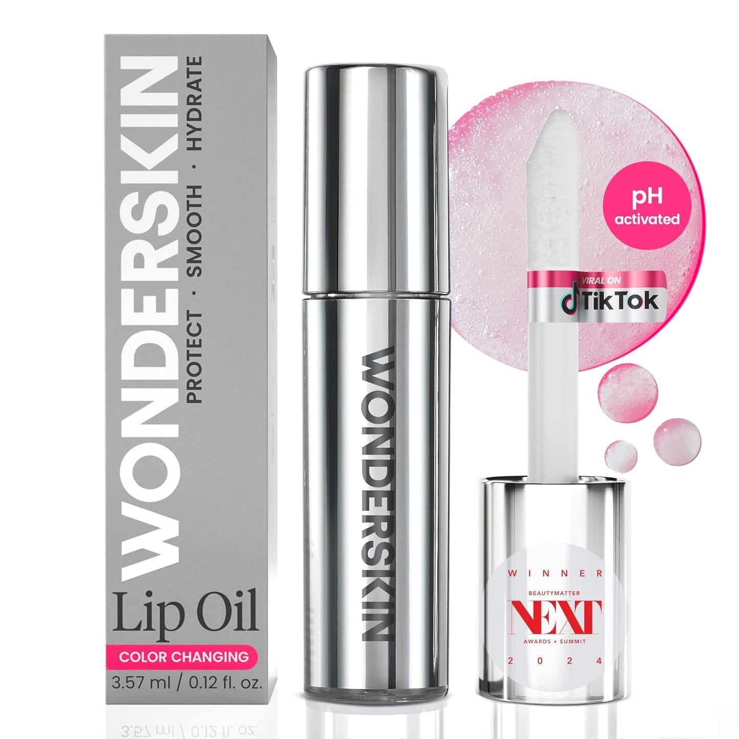 Wonderskin Lip Oil Rehab Serum - Color Changing Lip Oil from Clear to Pink - PH-activated, Non-sticky & Hydrating Tinted Serum for Dry Lips (Kissed)