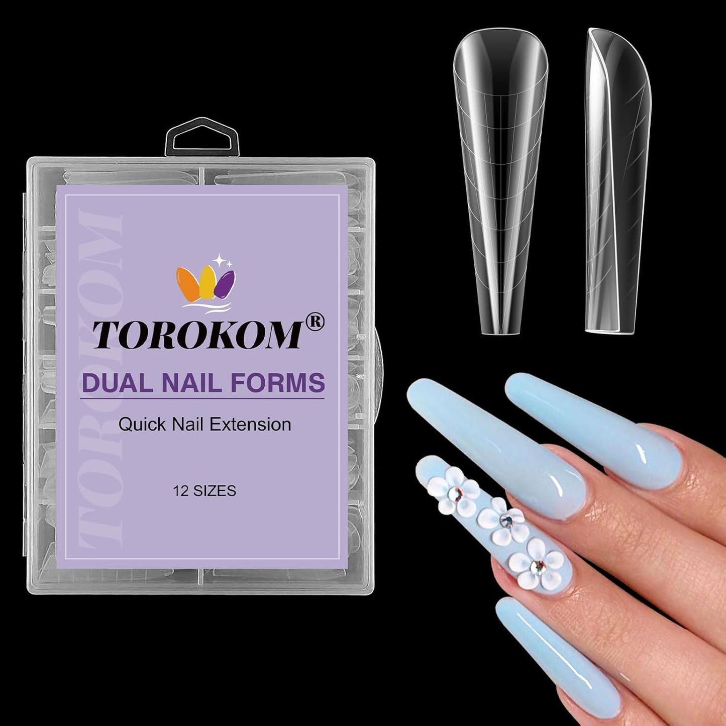 TOROKOM 120Pcs Poly Extension Gel Dual Forms Clear Tips Set - Acrylic False Nails With 12 Sizes Square Stiletto Gel Forms Full Cover Reusable Molds