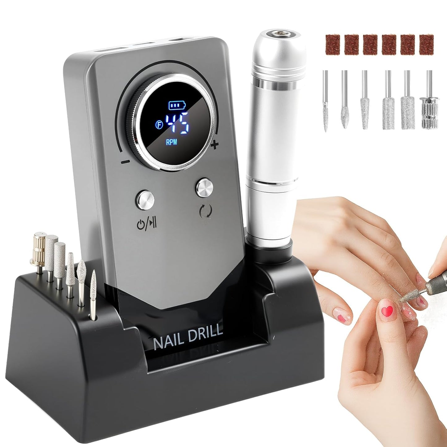 Electric Nail Drill Portable Nail Drill Professional 45000 RPM 6 Salon Quality Drill bits 6 Sanding Bands Portable & Low Noise for Acrylic Nails Gel Polishing Removing Bits Kit for Home Use