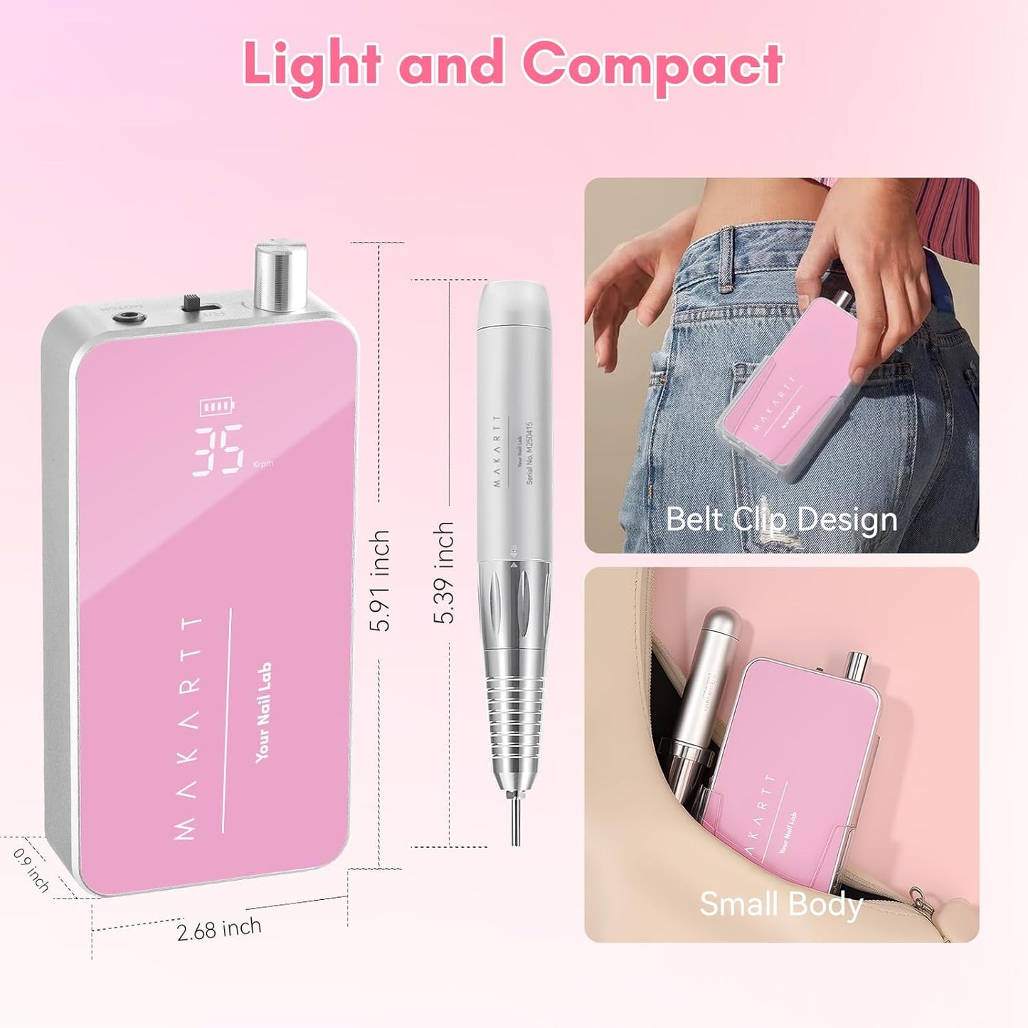 Makartt Nail Drill Professional: 60W 35000RPM Electric Nail File with Coreless Motor, 2 in 1 Desktop & Portable, Drill Bits and LCD Display for Acrylic Gel Nails, Nouvella Pink