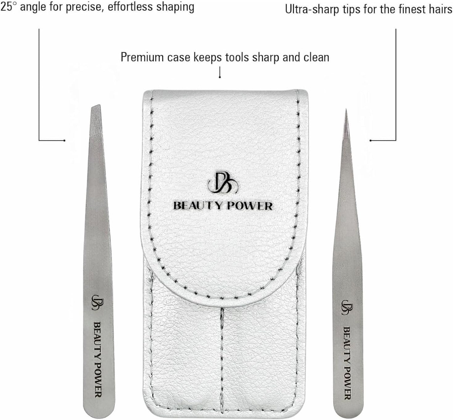 Professional Tweezers Set – Slant & Point, Ultra Precision German Stainless Steel Tweezers for Eyebrows, Chin, Ingrown Hair & Facial Grooming – Lightweight with Travel Case (Matte Grey)