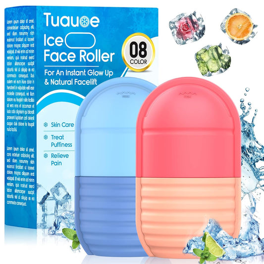 2Pcs Ice Roller for Face, Ice Face Roller, Reusable Silicone Ice Mold for Face, Facial Beauty Ice Roller Skin Care Tools for Shrink Pores Anti Wrinkle Reduce Puffiness (Blue + Pink)