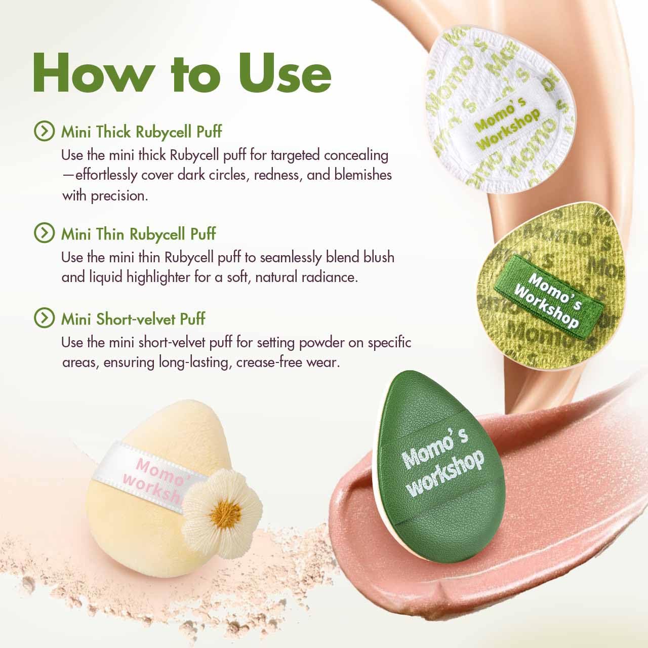 Mini Denim Makeup Sponge Set,Mini Makeup Blenders Sponge for Concealer/Blush/Highlighter, Perfect for Detail Work & Travel,4pcs Green Mini Concealer Puffs with Travel Pouch