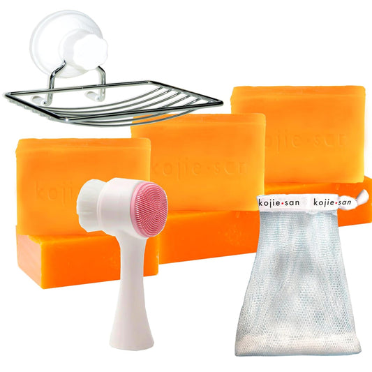 Kojie San Face & Body Skin Brightening Shower 9pc Set - the Original Kojic Acid Soap that Helps Reduce Dark Spots 6 x 135g Bars, Soap Dish and Facial Cleansing Brush…