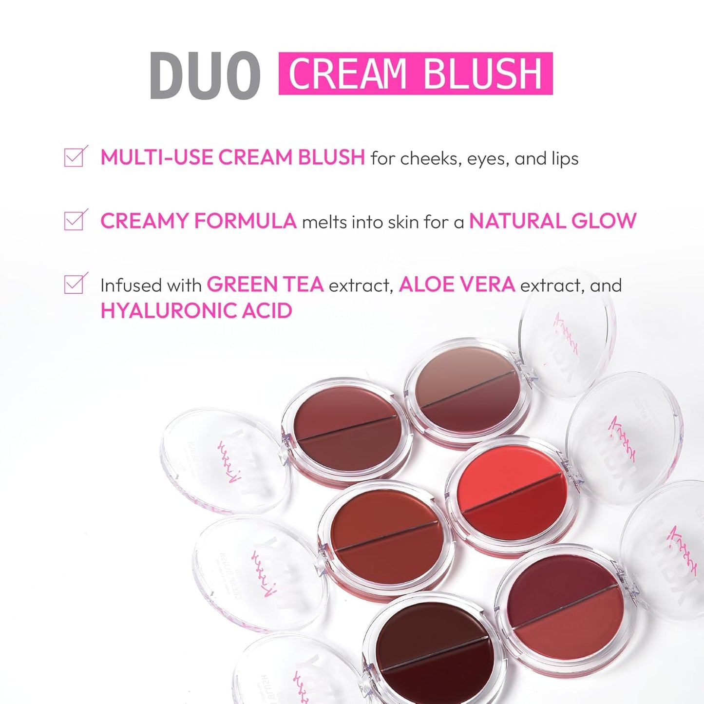Ruby Kisses Duo Cream Blush, Smooth, Natural-Looking, Long-Lasting Face Makeup Blush for Cheeks, Lips, and Eyes, Buildable and Blendable, Infused with Green Tea, Aloe Vera Extract, and Hyaluronic Acid