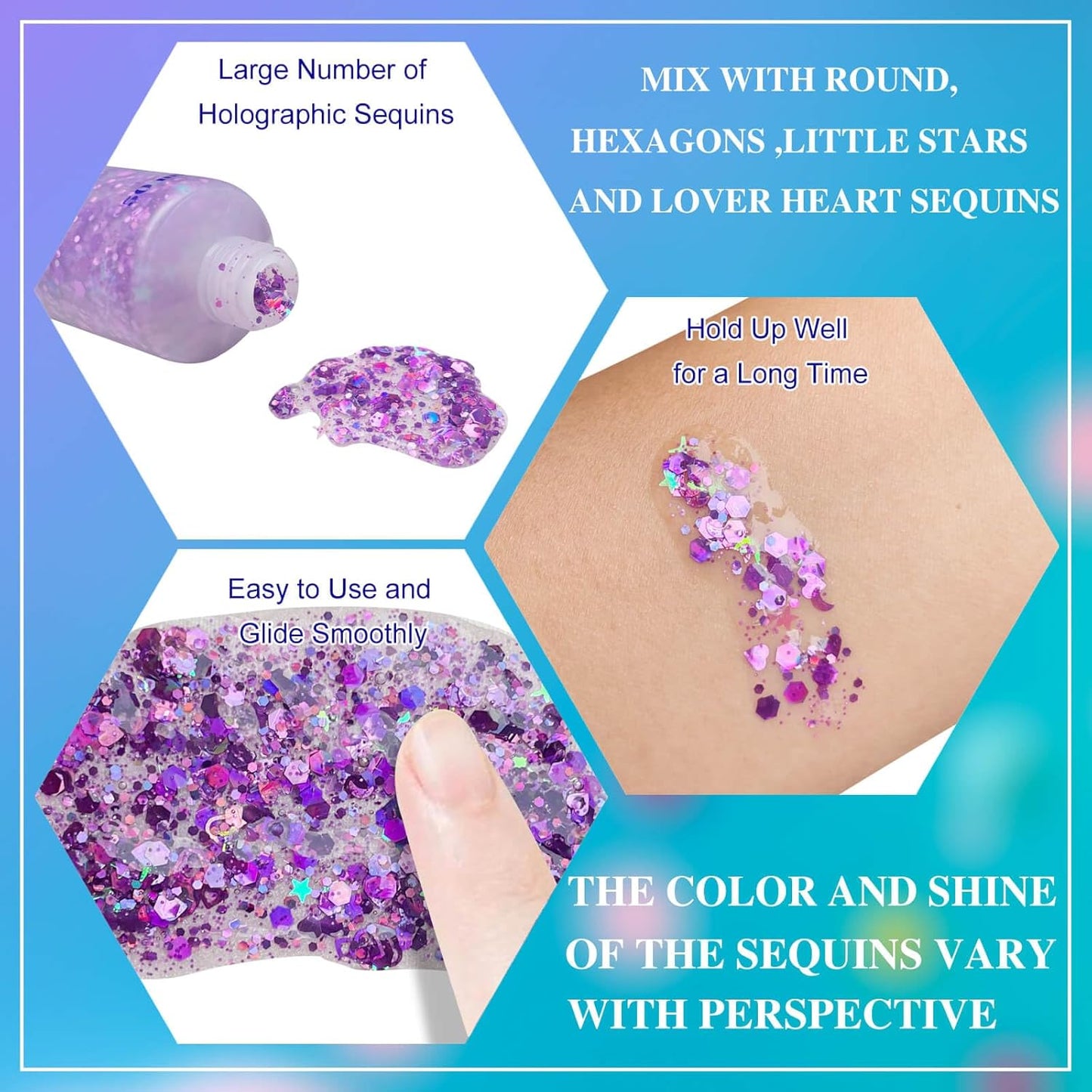 MEICOLY Purple Face Body Glitter,Mermaid Sequins Hair Glitter Makeup,Sparkly Face Glitter for Women and Kids,Chunky Glitter for Festival Rave Accessories,50ml