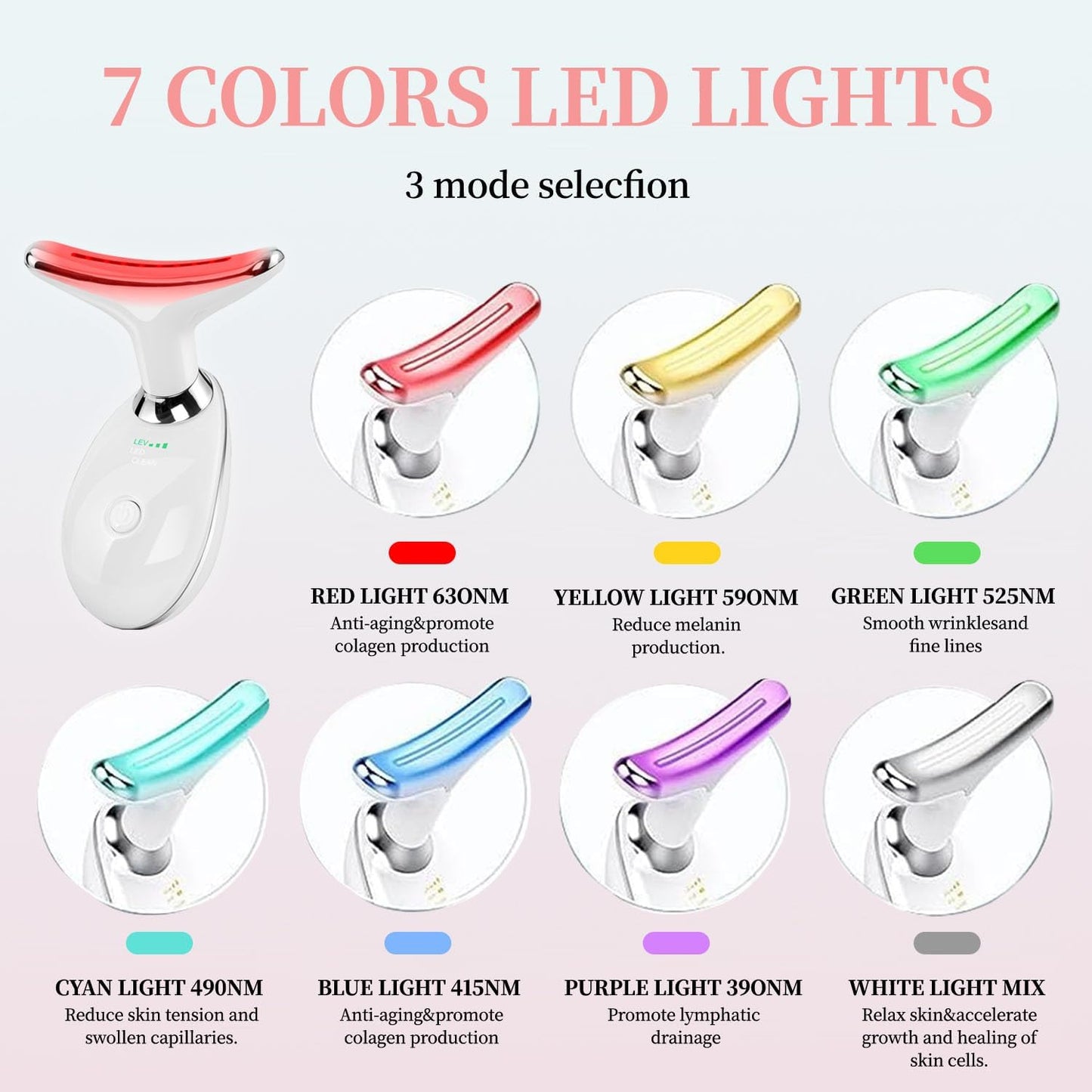 Red-Light-Therapy-for-Face and Neck, Face 𝖲 culpting Wand with 7 Color, Anti 𝖶rinkles Facial Massager for Face and Neck Tool for Skin Care (White)