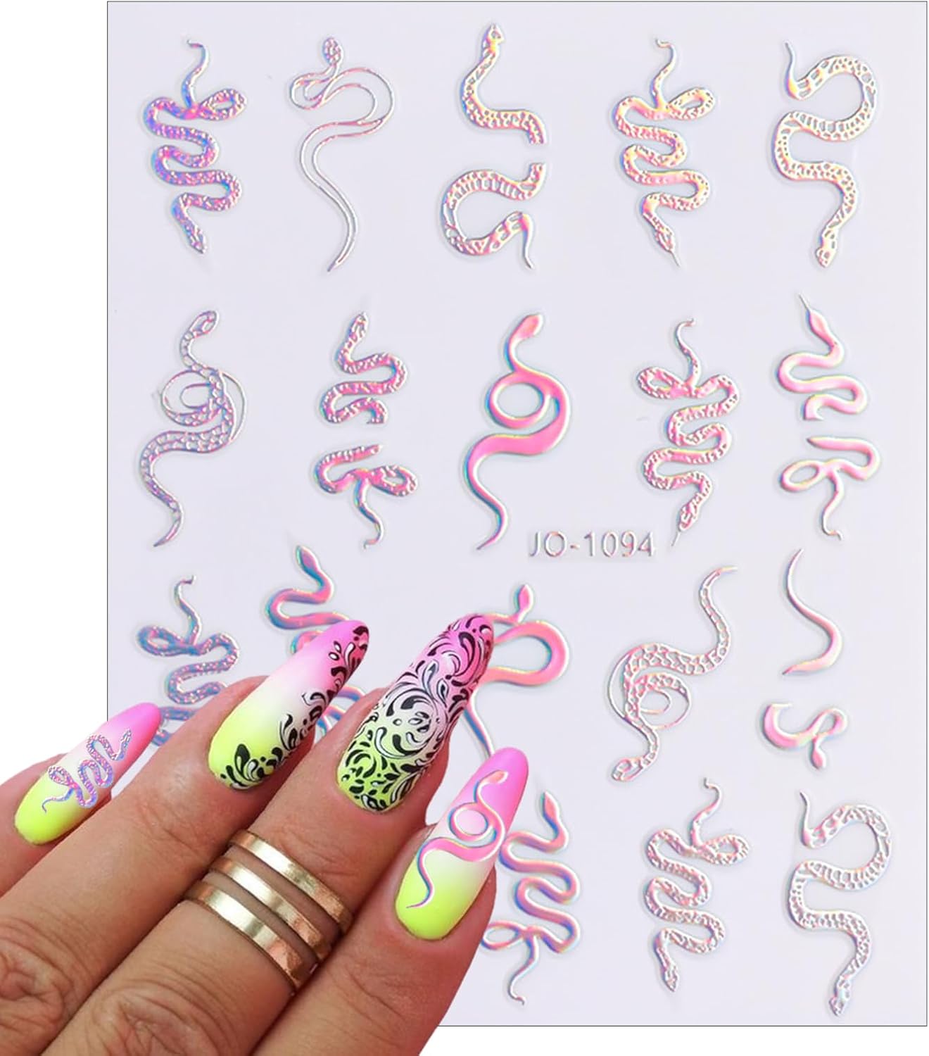 5 Sheets Aurora Silver Snake Nail Art Stickers 3D Self-Adhesive Laser Nail Decals Stars Sun Moon Line Holographic Designs Nail Stickers for Women Girls DIY Manicure Supplies