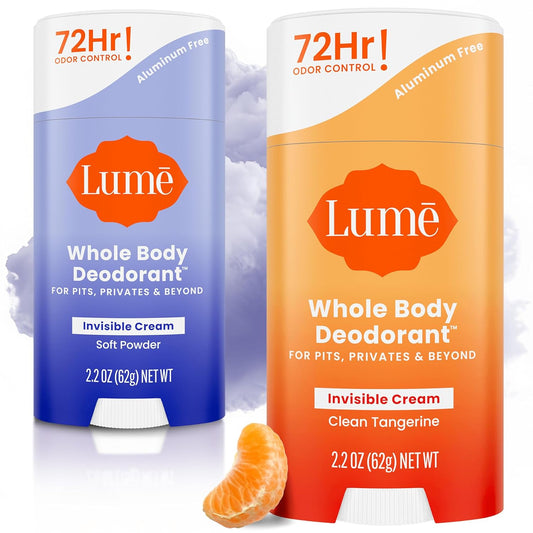 Lume Whole Body Deodorant - Invisible Cream Stick - 72 Hour Odor Control - Doctor Developed - Aluminum Free, Baking Soda Free and Skin Loving - 2.2 Ounce (2 pack) (Soft Powder & Clean Tangerine)