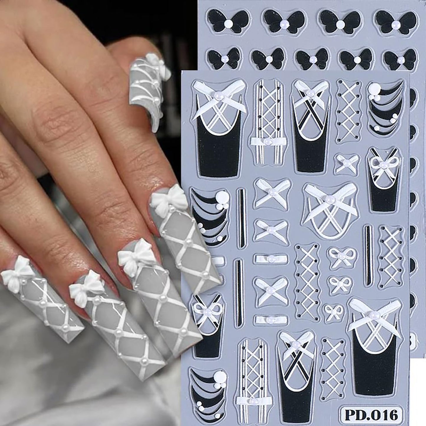 5 Sheets Ballet Bow Nail Art Stickers 5D Relief Self -Adhesive Pearl Bow Nail Decals Holographic Lace Bows Love Heart Nail Stickers French Nail Decoration for Women Manicure Supplies